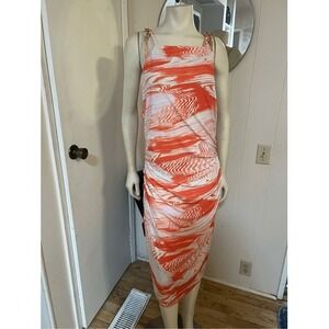 NWT Karen Millen Orange Print Plus Size Jersey Ruched Dress 18